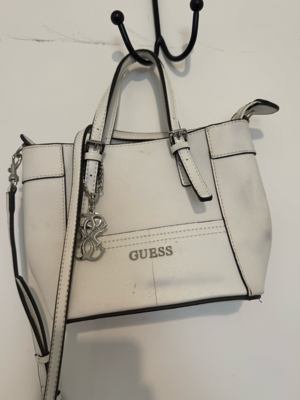 GUESS White Crossbody Satchel with Silver-Tone Logo Charm